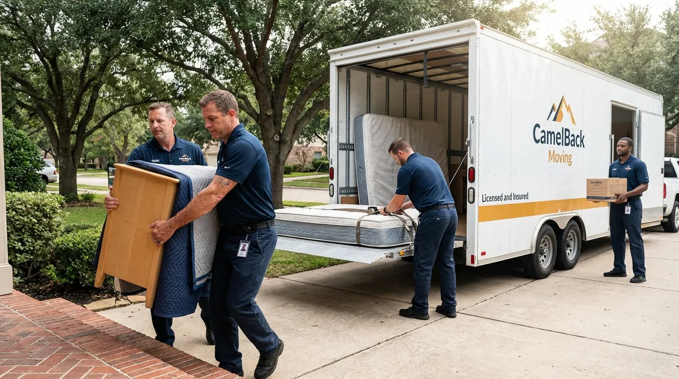 Crew loading residential truck for cross-state move from Bayou La Batre, AL