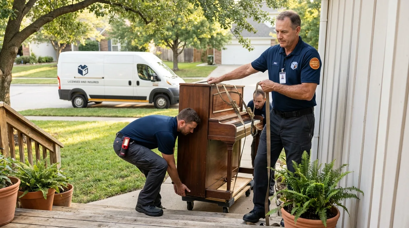 Licensed piano movers securing grand piano in Bayou La Batre, AL