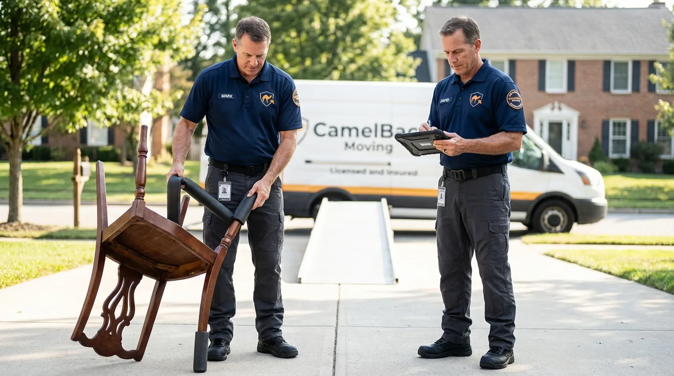 Movers inspecting furniture for damage prevention before loading in Bayou La Batre, AL