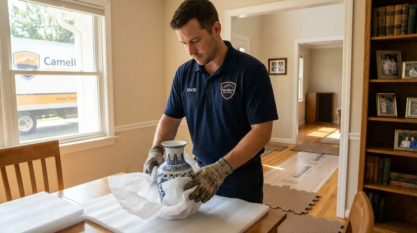 Professional crew carefully wrapping antique vase for senior downsizing move in Bayou La Batre, AL